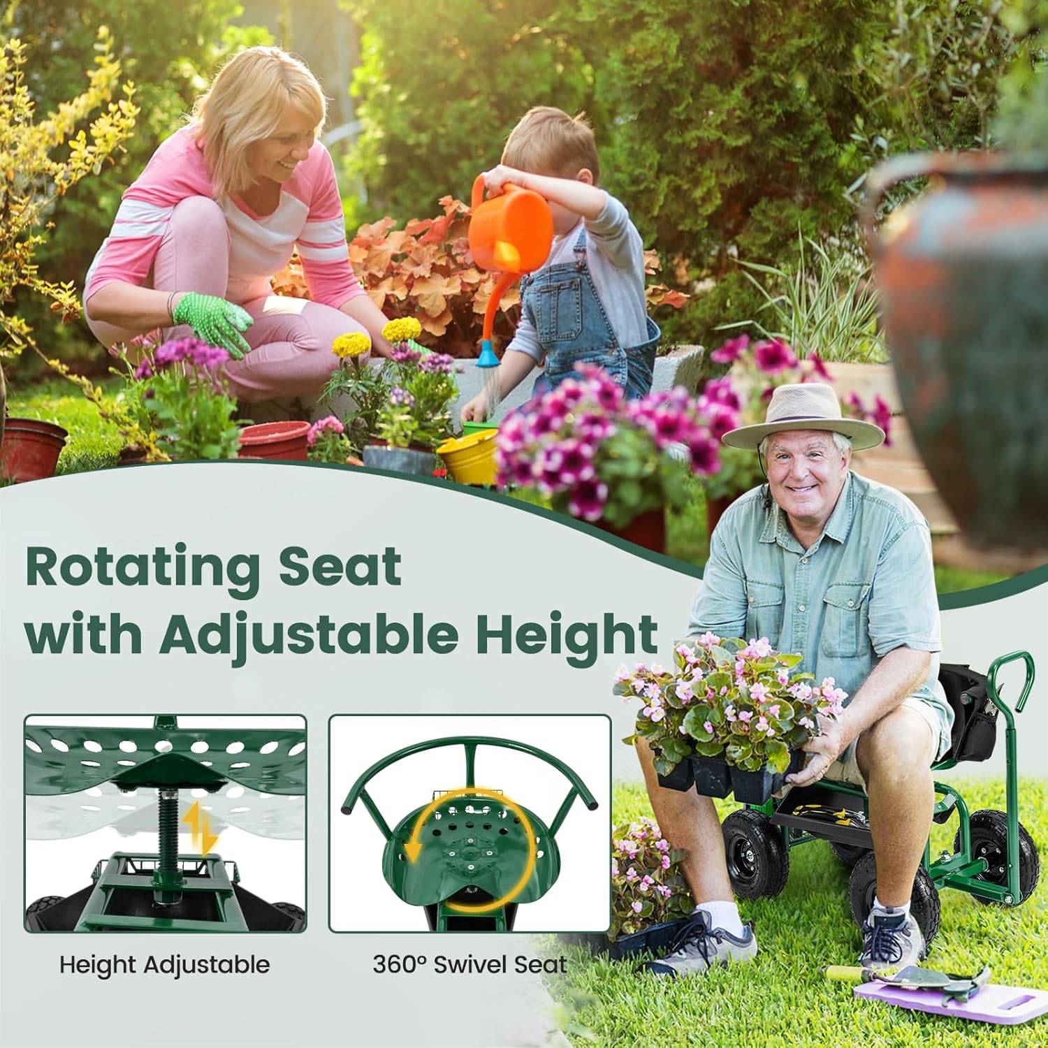 مقعد حدائق متحرك بعجلات، قابل  - مراجعة Gardening Tools For Seniors وسعره